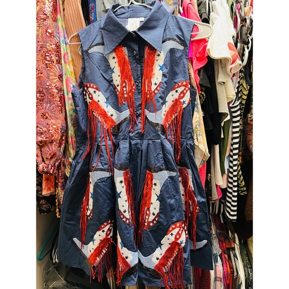 QUEEN OF SPARKLES Dresses & Skirts - QUEEN OF SPARKLES Navy Blue Western Fringe Mini Dress with Red & White Accents